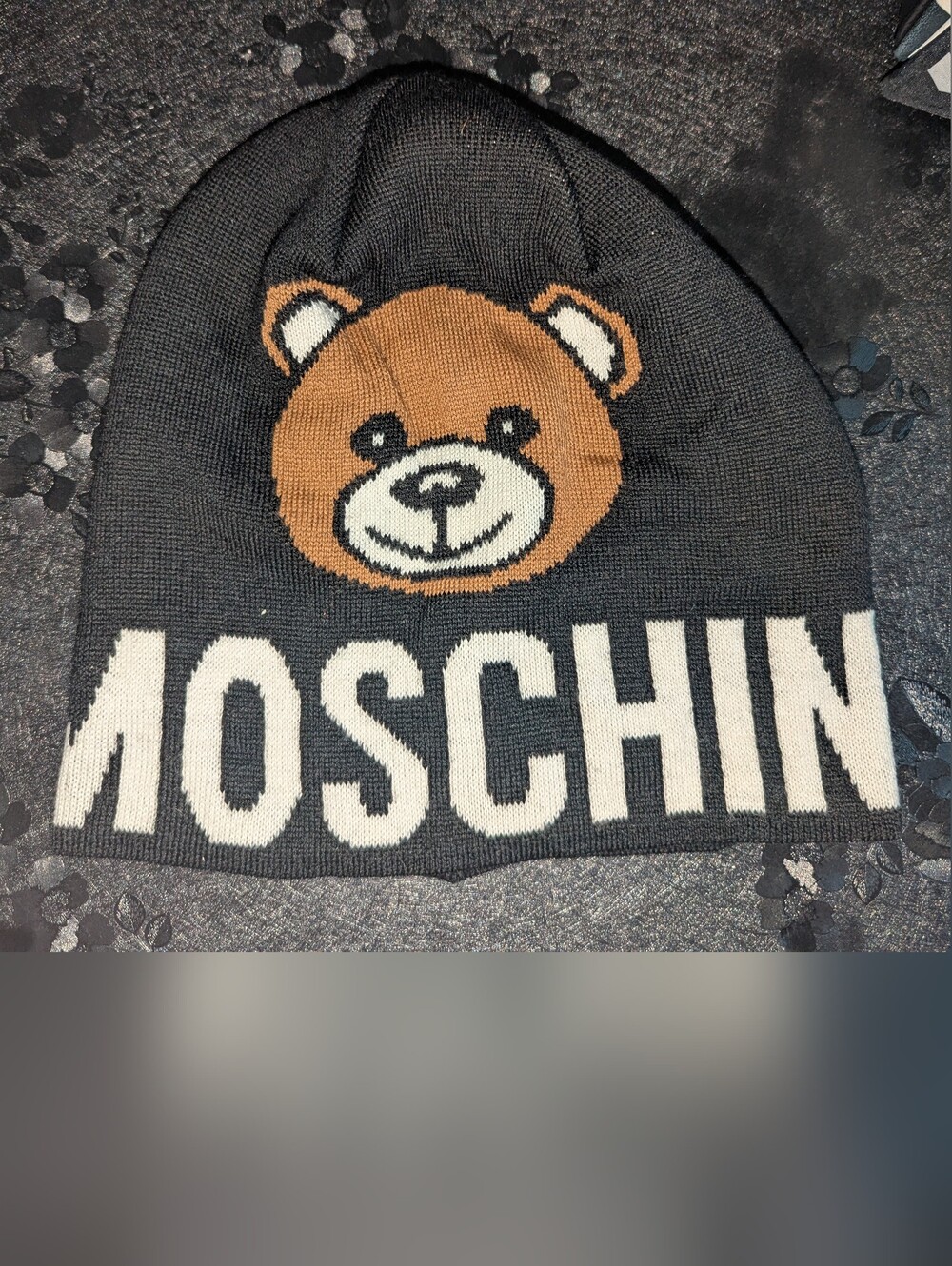 MOSCHINO Black Bear Knit Beanie with Tan Bear